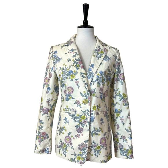 LOFT Women’s Blazer Cream Blue Pink Floral Classic Stretch One Button Size 4 - Picture 1 of 10
